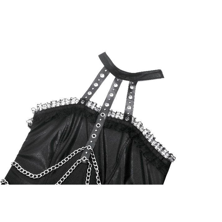 Darkinlove Women's Punk Metal Chain Faux Leather Halterneck Dress