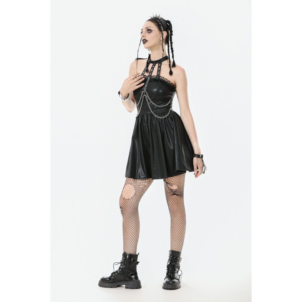 Darkinlove Women's Punk Metal Chain Faux Leather Halterneck Dress