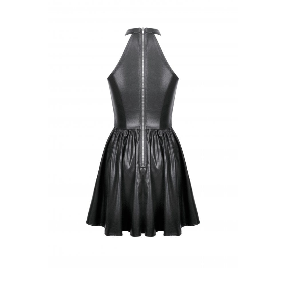Darkinlove Women's Punk Metal Chain Faux Leather Halterneck Dress
