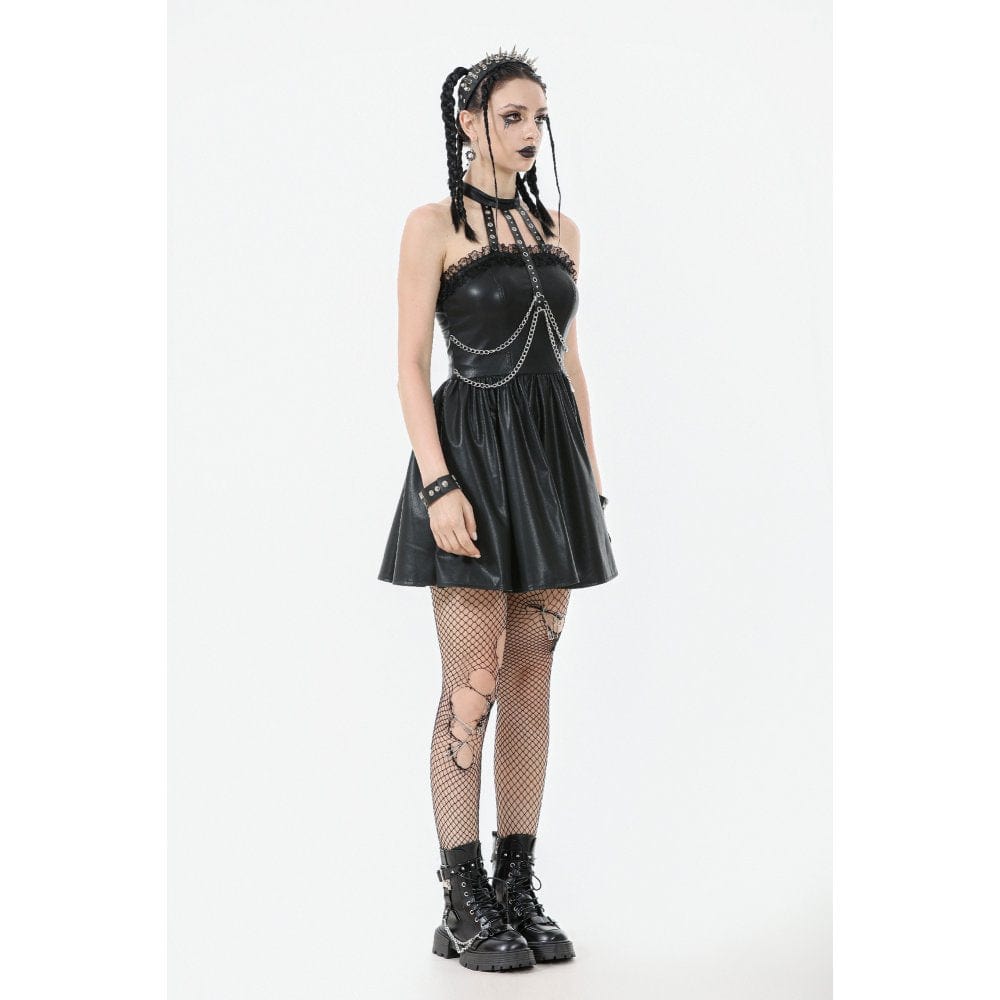 Darkinlove Women's Punk Metal Chain Faux Leather Halterneck Dress