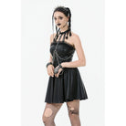 Darkinlove Women's Punk Metal Chain Faux Leather Halterneck Dress