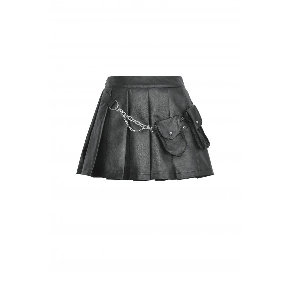 Darkinlove Women's Punk Multi-pocket Faux Leather Pleated Skirt