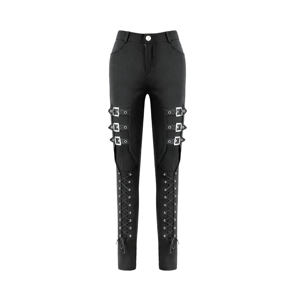 Darkinlove Women's Punk Multilayer Buckle Straps Lace-up Pants