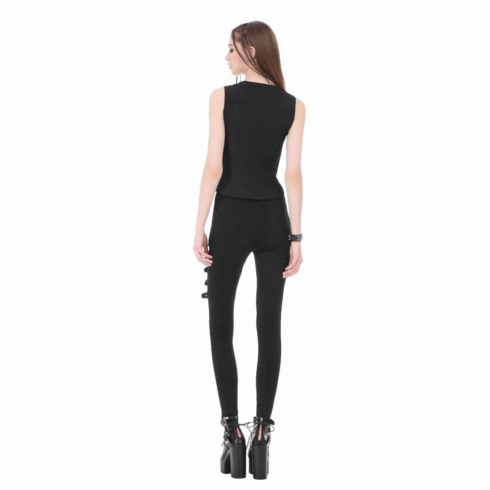 Darkinlove Women's Punk Multilayer Buckle Straps Lace-up Pants