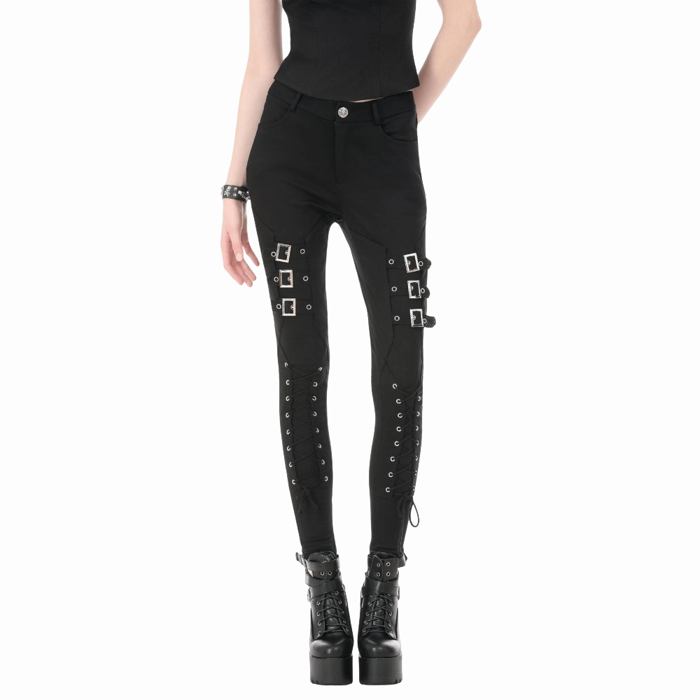 Darkinlove Women's Punk Multilayer Buckle Straps Lace-up Pants