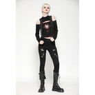 Darkinlove Women's Punk Off-the-Shoulder Eyelet Strap Crop Top