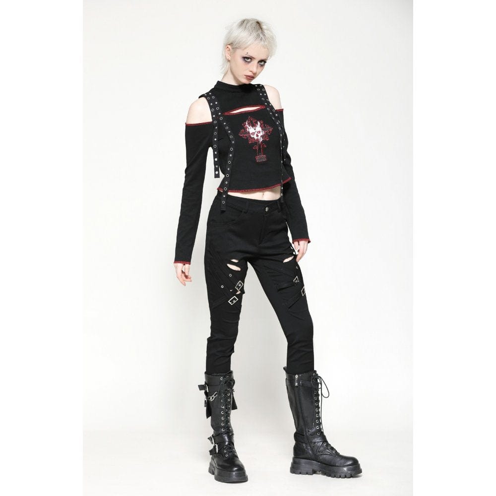 Darkinlove Women's Punk Off-the-Shoulder Eyelet Strap Crop Top