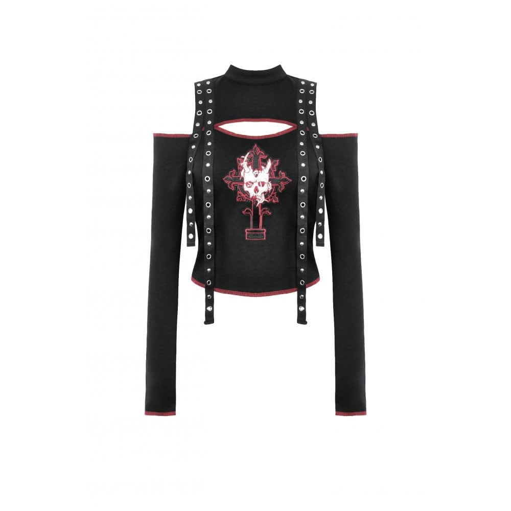 Darkinlove Women's Punk Off-the-Shoulder Eyelet Strap Crop Top