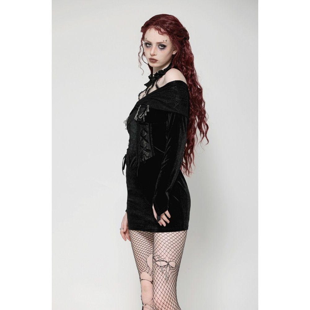 Darkinlove Women's Punk Off-the-Shoulder Lace-up Velvet Party Dress