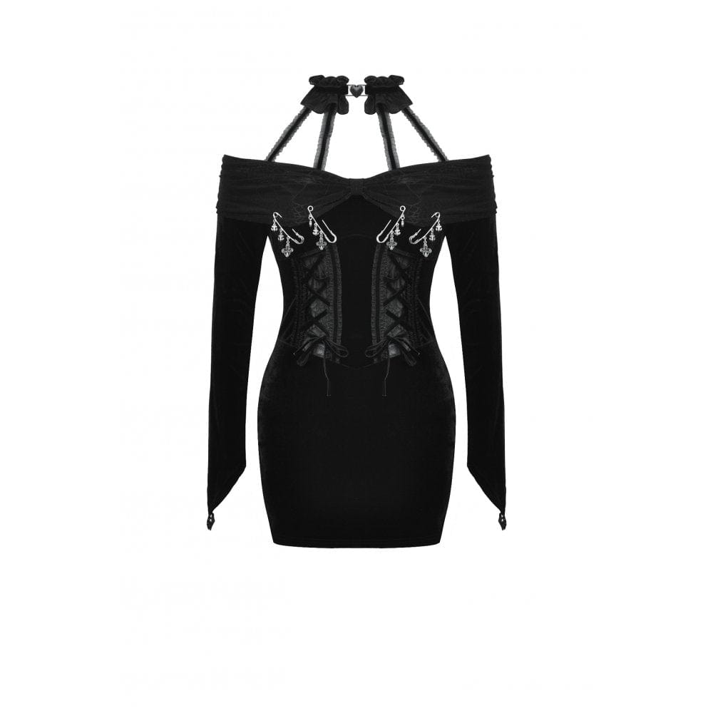 Darkinlove Women's Punk Off-the-Shoulder Lace-up Velvet Party Dress