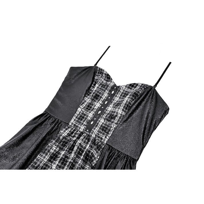 Darkinlove Women's Punk Plaid Panel Patchwork Irregular Hem Slip Dress