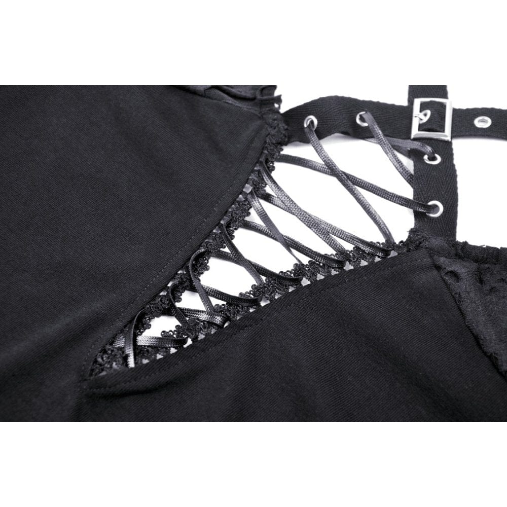 Darkinlove Women's Punk Plunging Eyelet Ripped Crop Top