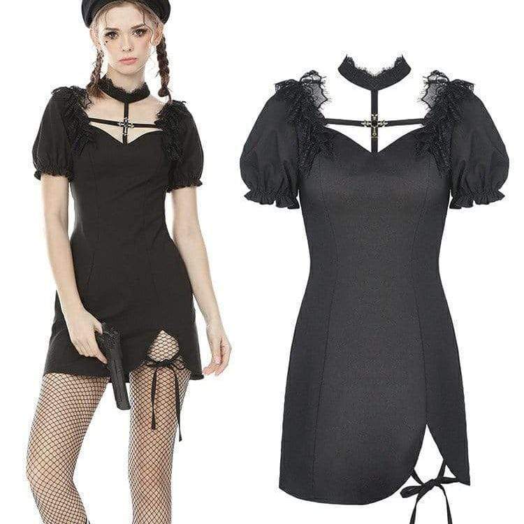 Darkinlove Women's Punk Puff Sleeved Cross Halterneck Black Little Dresses