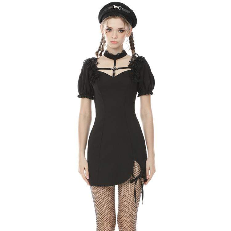 Darkinlove Women's Punk Puff Sleeved Cross Halterneck Black Little Dresses