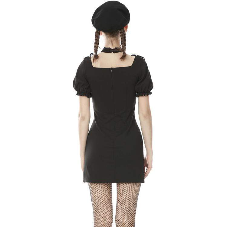 Darkinlove Women's Punk Puff Sleeved Cross Halterneck Black Little Dresses