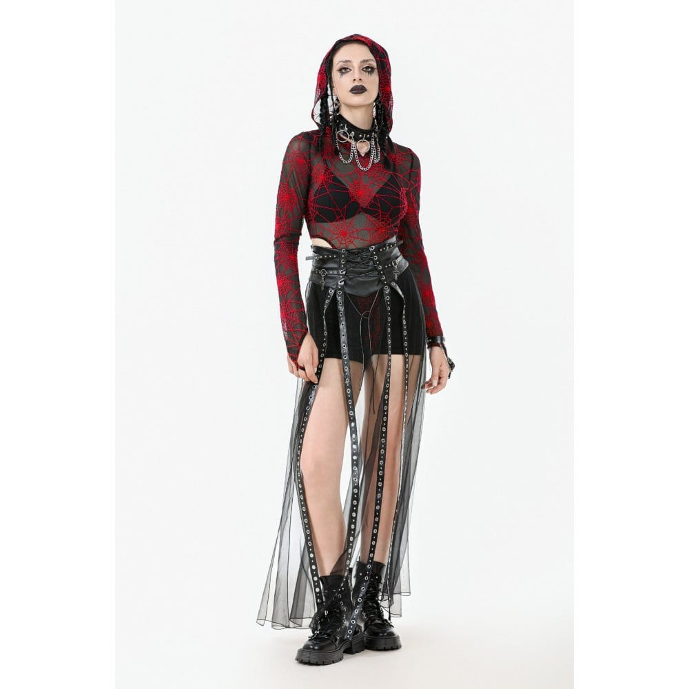 Darkinlove Women's Punk Red Spider Web Bodysuit with Hood