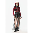 Darkinlove Women's Punk Red Spider Web Bodysuit with Hood