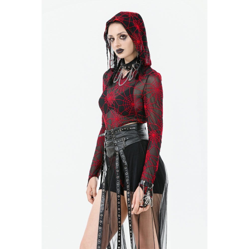 Darkinlove Women's Punk Red Spider Web Bodysuit with Hood