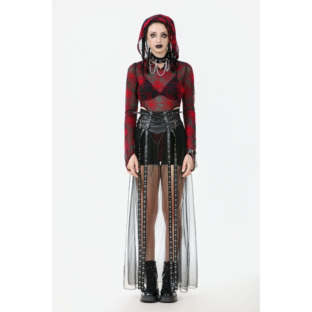 Darkinlove Women's Punk Red Spider Web Bodysuit with Hood