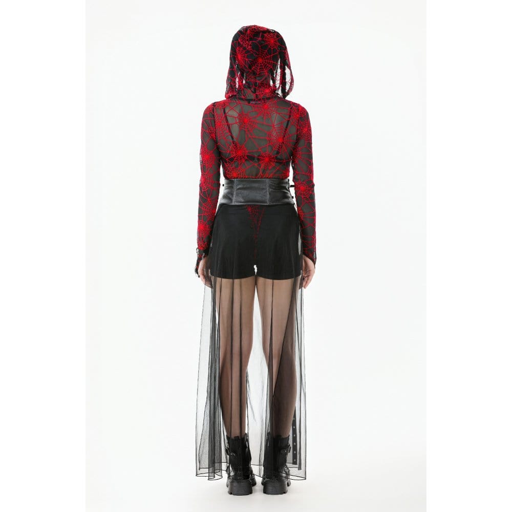 Darkinlove Women's Punk Red Spider Web Bodysuit with Hood