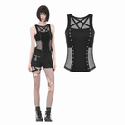 Darkinlove Women's Punk Rivet Pentagram Mesh Splice Tank Top
