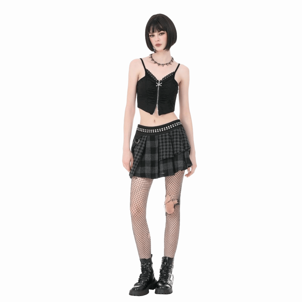Darkinlove Women's Punk Rivet Plaid Asymmetric Skirt