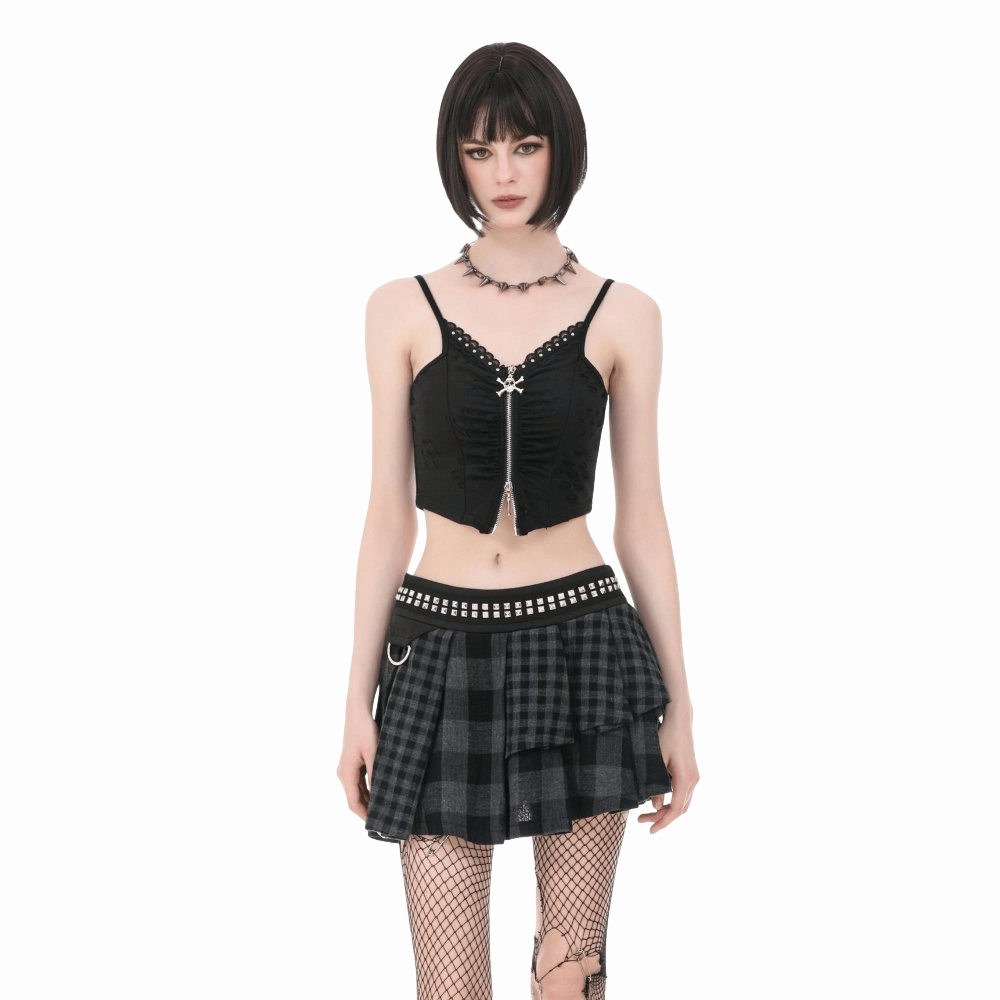 Darkinlove Women's Punk Rivet Plaid Asymmetric Skirt