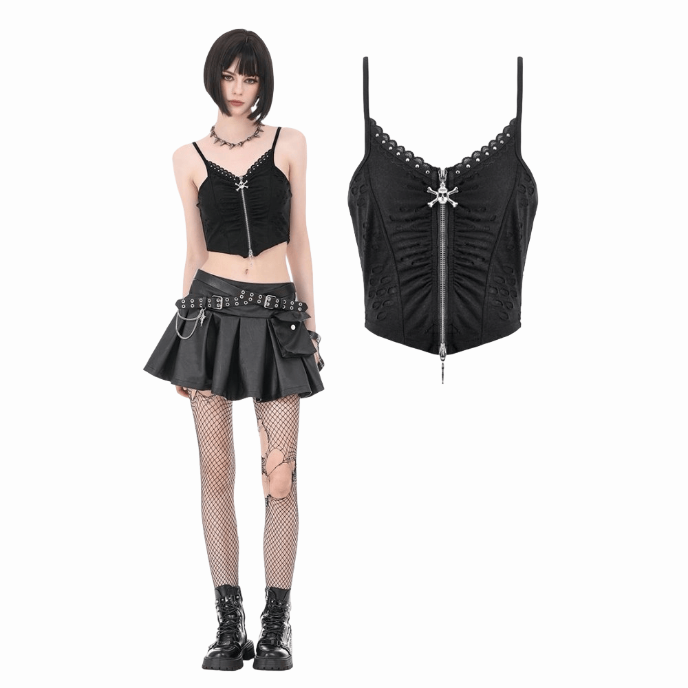 Darkinlove Women's Punk Rivet Skull Ripped Ruched Bustier