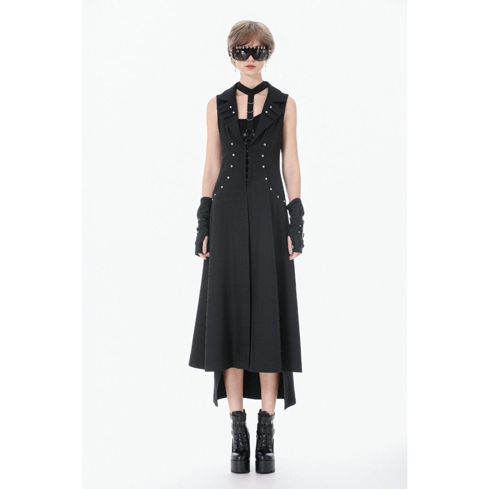 Darkinlove Women's Punk Rivets Lapel Sleeveless Long Coat