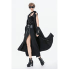 Darkinlove Women's Punk Rivets Lapel Sleeveless Long Coat