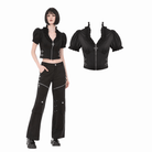 Darkinlove Women's Punk Ruffled Plunging Zipper Short Sleeve Crop Top