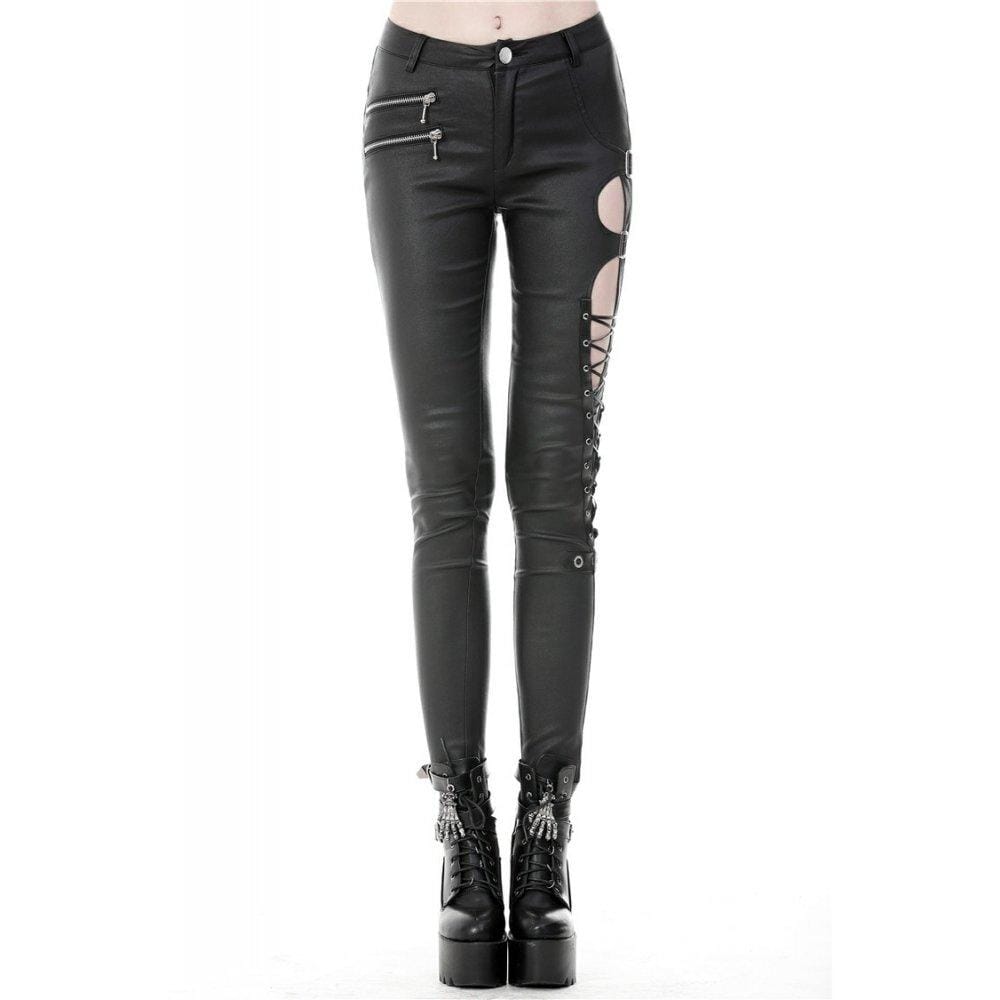 darkinlove Women's Punk Sexy Hollow Thigh Asymmetrical PU Trousers