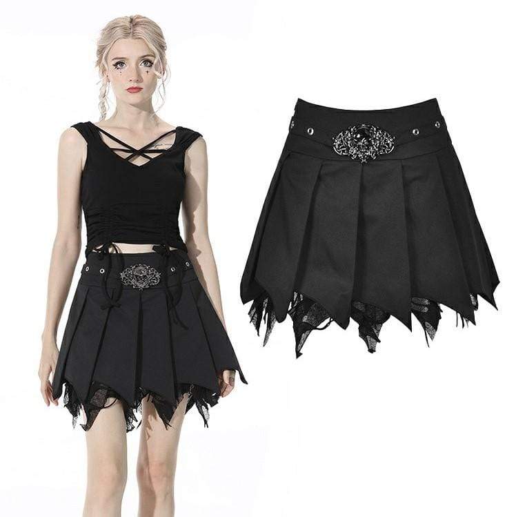 Darkinlove Women's Punk Skull Irregular Black Pleated Skirts