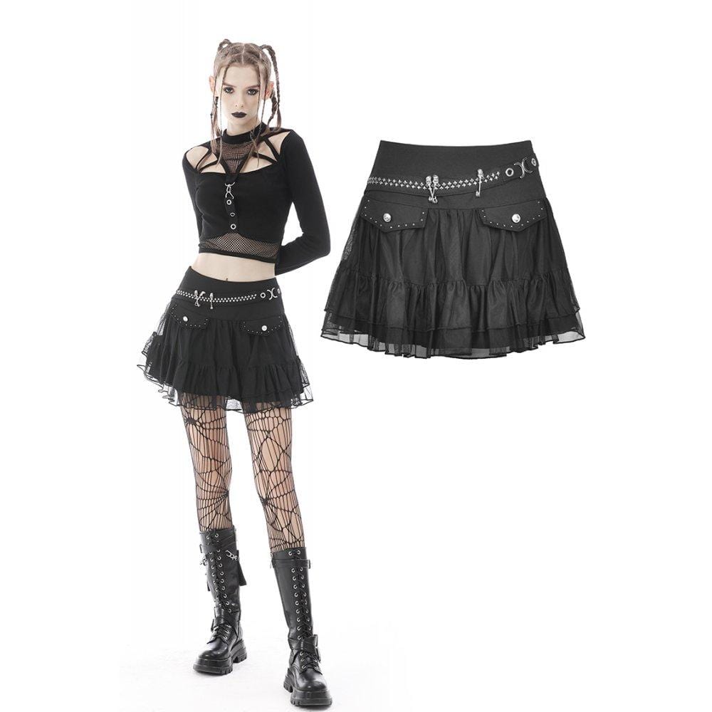 Darkinlove Women's Punk Skull Mesh Splice Falbala Skirt