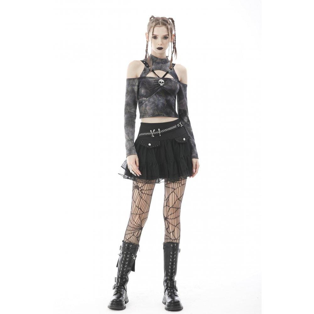 Darkinlove Women's Punk Skull Mesh Splice Falbala Skirt