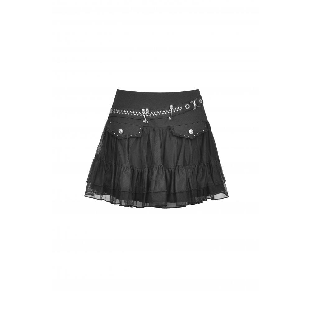 Darkinlove Women's Punk Skull Mesh Splice Falbala Skirt