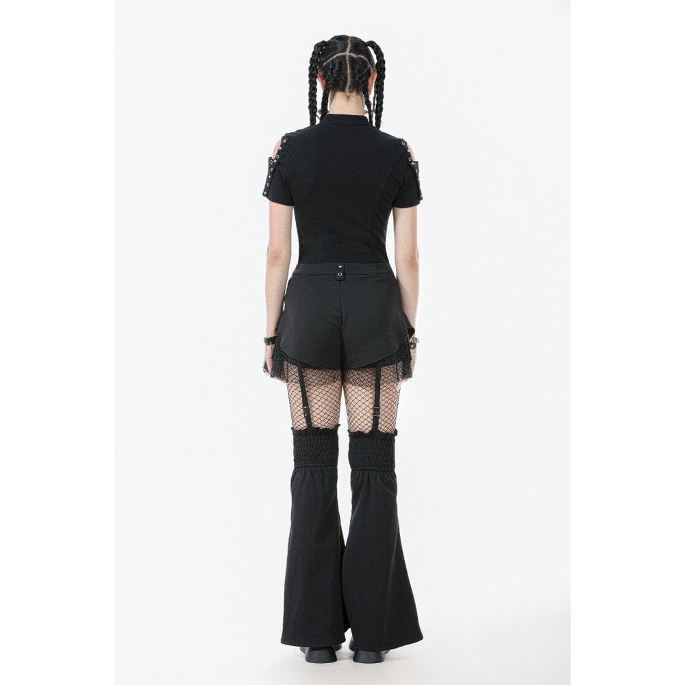 Darkinlove Women's Punk Skull Rivets Cutout Short Sleeved Shirt