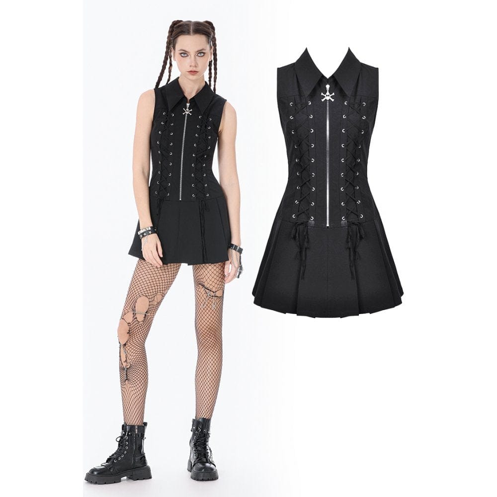 Darkinlove Women's Punk Skull Zip Turn-down Collar Sleeveless Dress