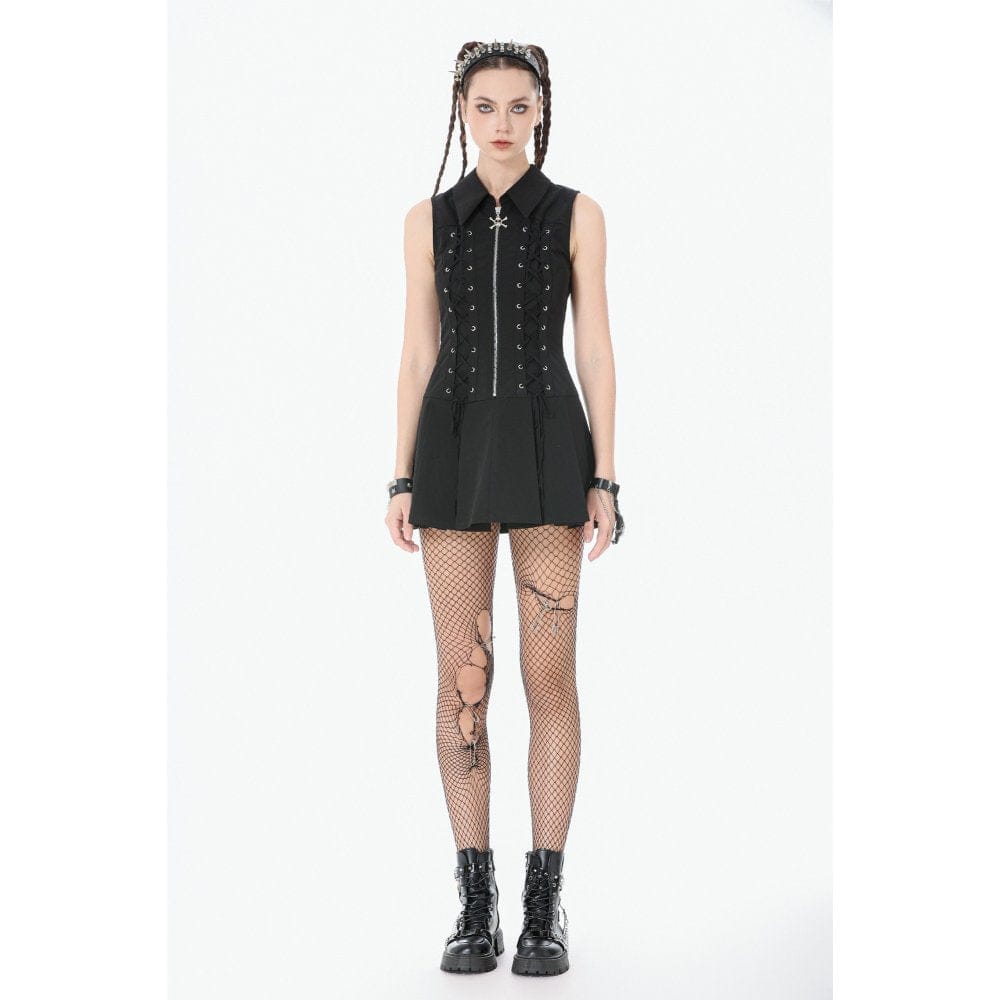 Darkinlove Women's Punk Skull Zip Turn-down Collar Sleeveless Dress