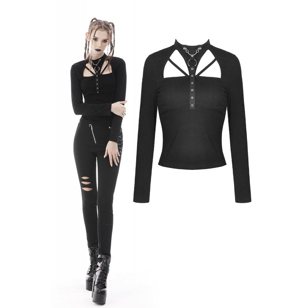 Darkinlove Women's Punk Slim Fitted Cutout Metal Shirt