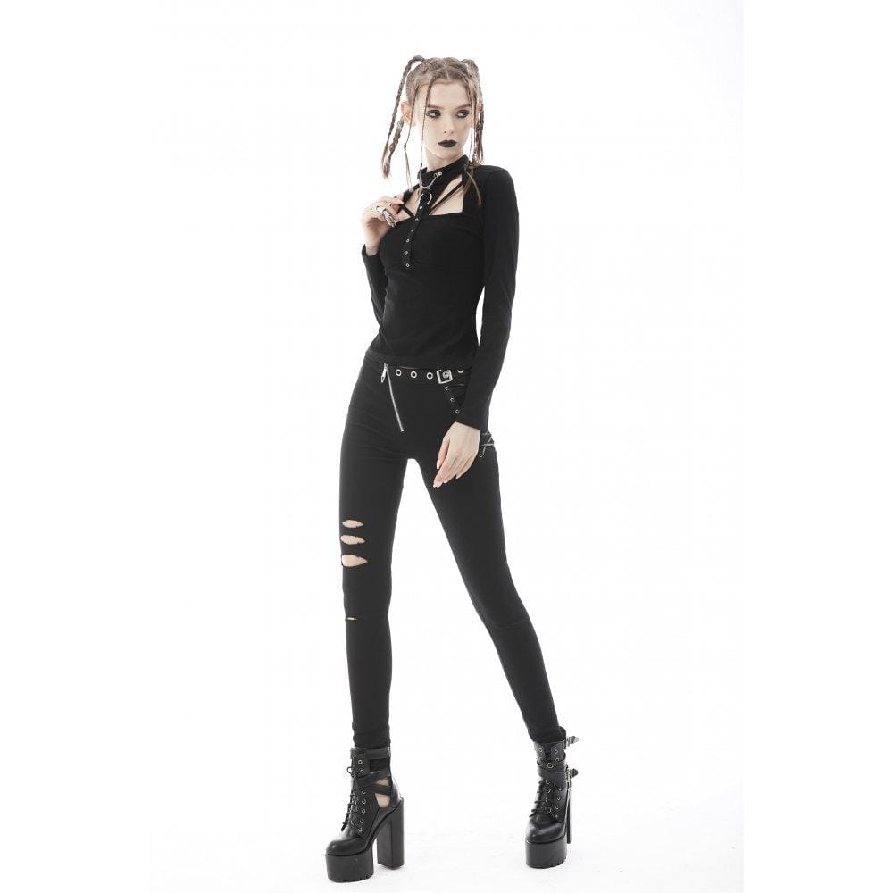 Darkinlove Women's Punk Slim Fitted Cutout Metal Shirt