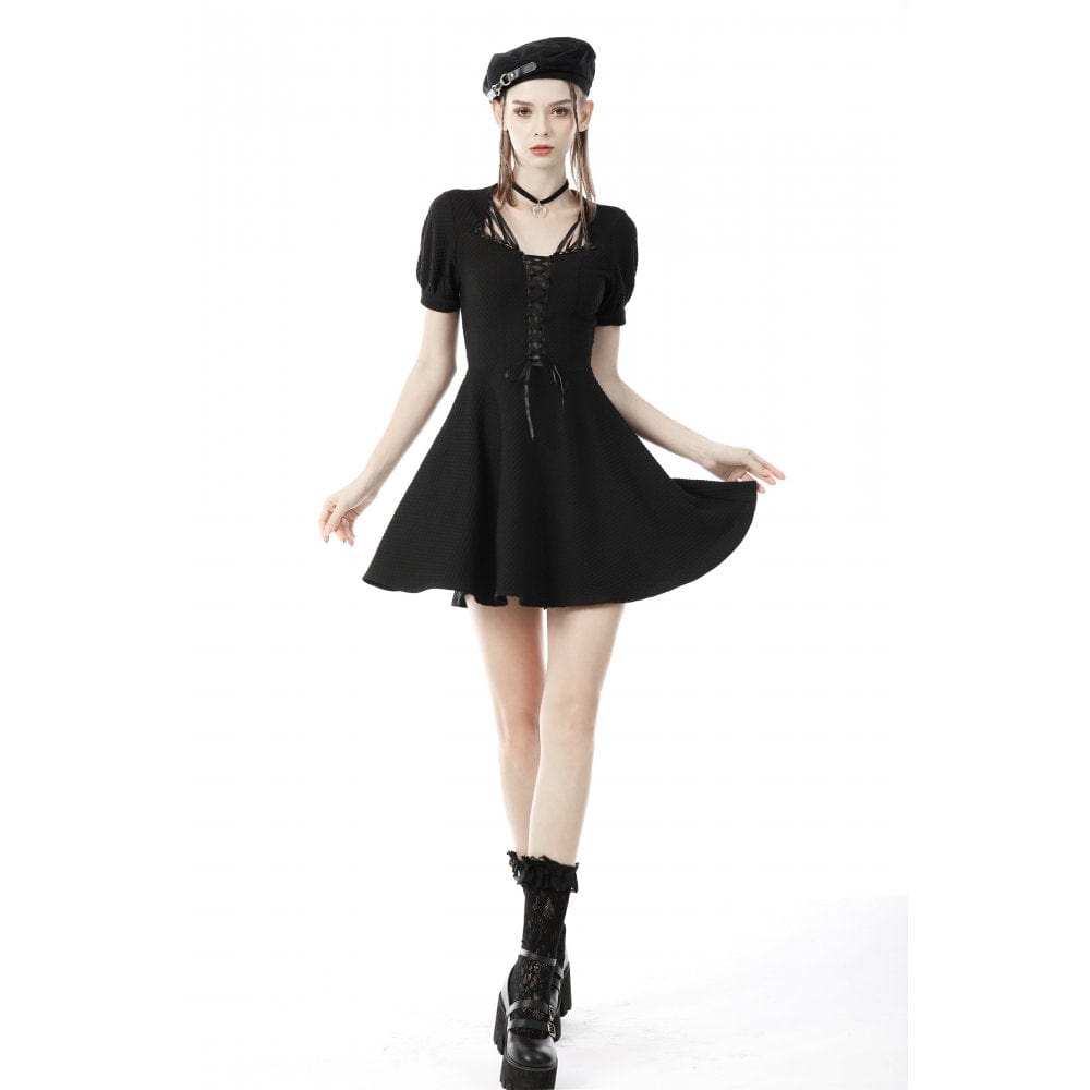 Darkinlove Women's Punk Square Collar Lacing-up Black Little Dress