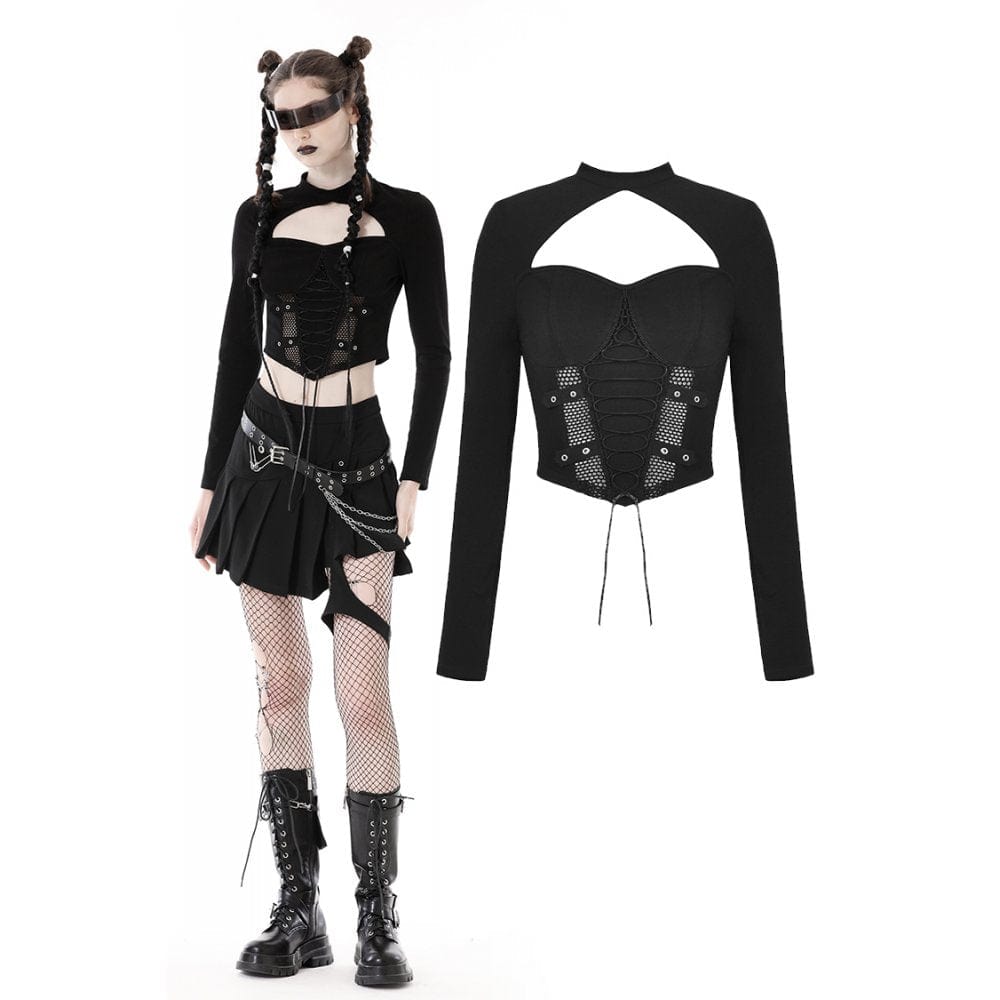 Darkinlove Women's Punk Strappy Cutout Mesh Splice Crop Top