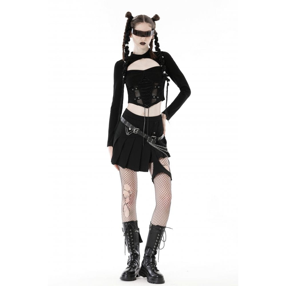 Darkinlove Women's Punk Strappy Cutout Mesh Splice Crop Top