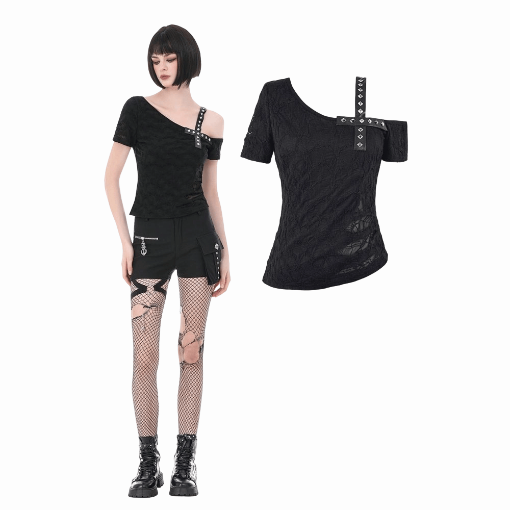 Darkinlove Women's Punk Studded Cross Straps Asymmetric Short Sleeve Top