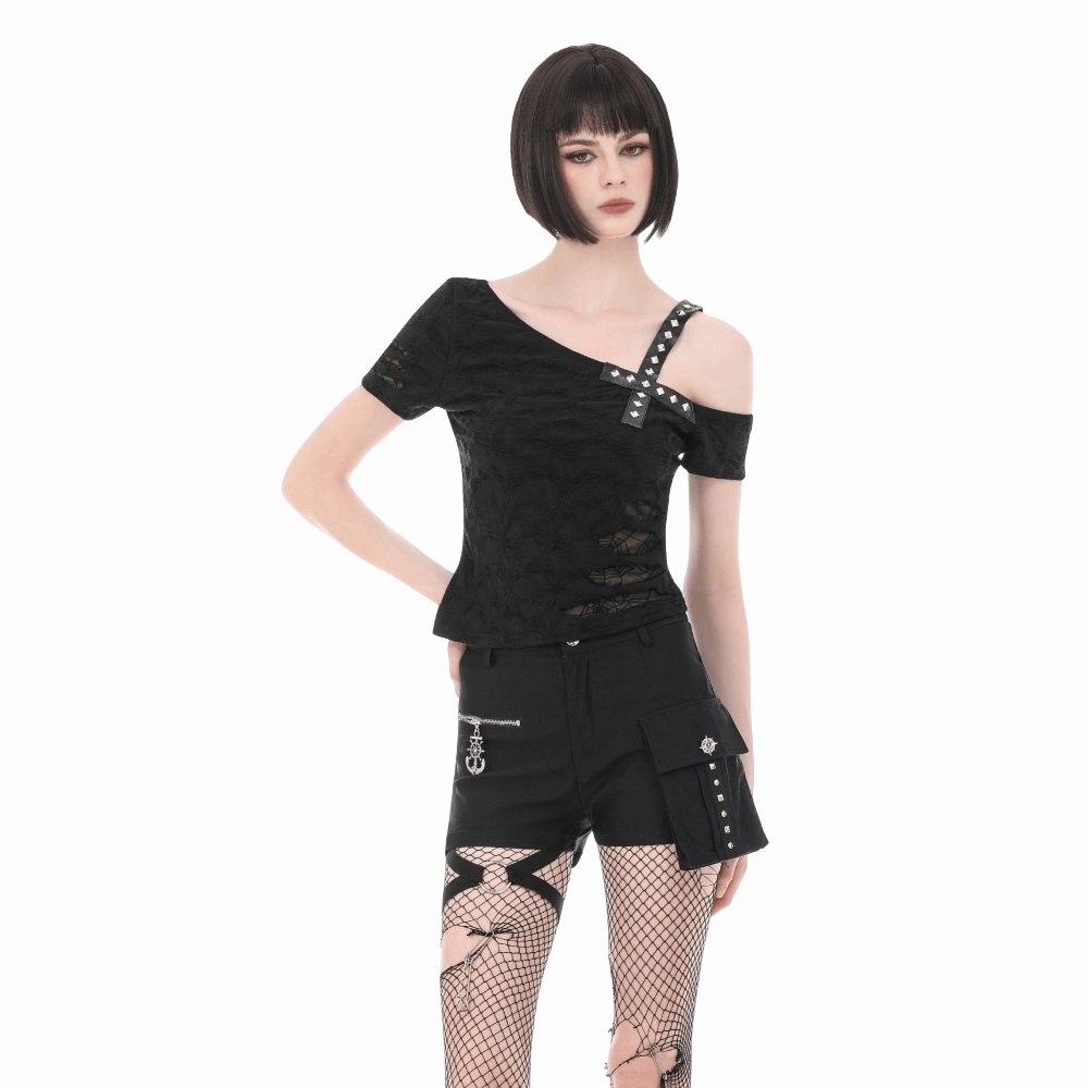 Darkinlove Women's Punk Studded Cross Straps Asymmetric Short Sleeve Top