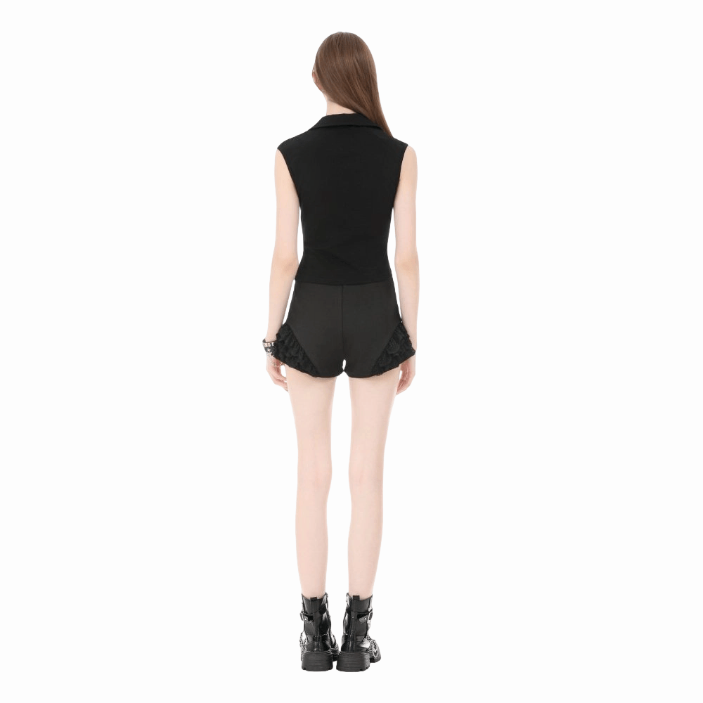 Darkinlove Women's Punk Studded Lace-up Turn-down Collar Sleeveless Top