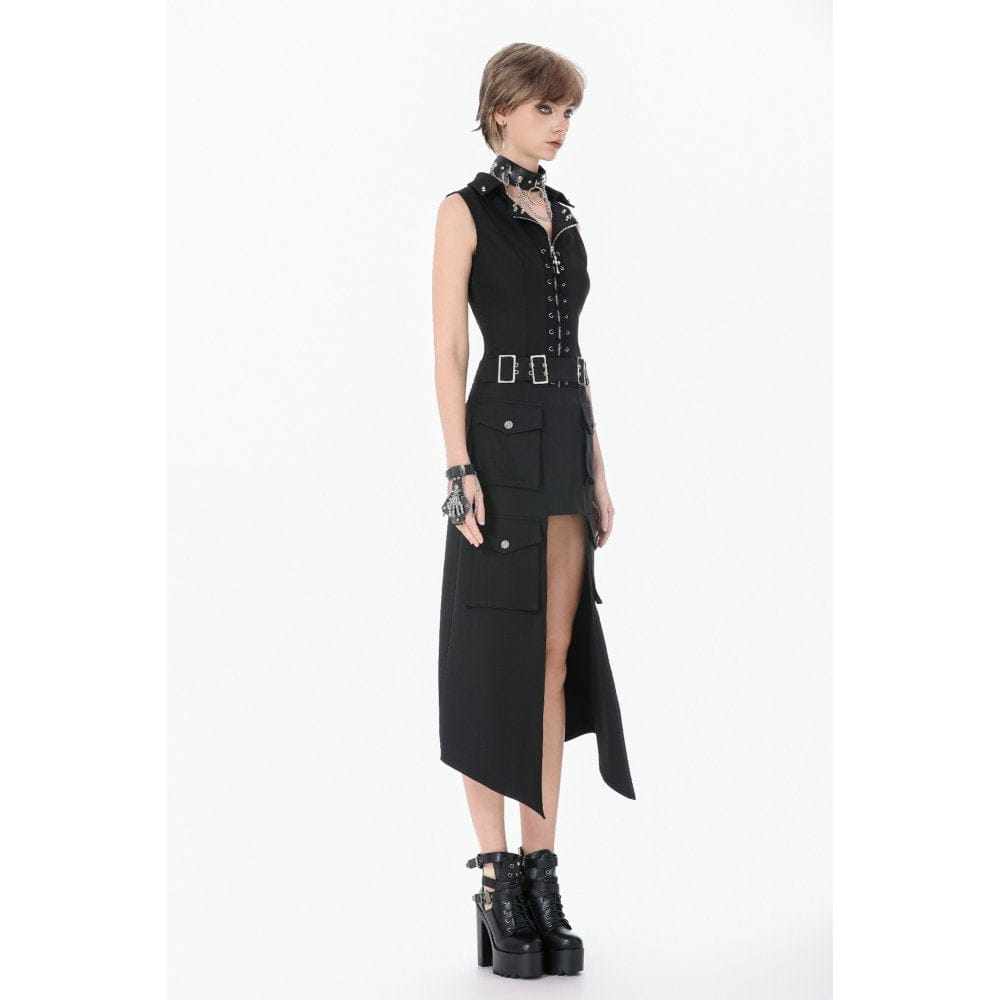 Darkinlove Women's Punk Studded Lace-up Zip Turn-down Collar Vest