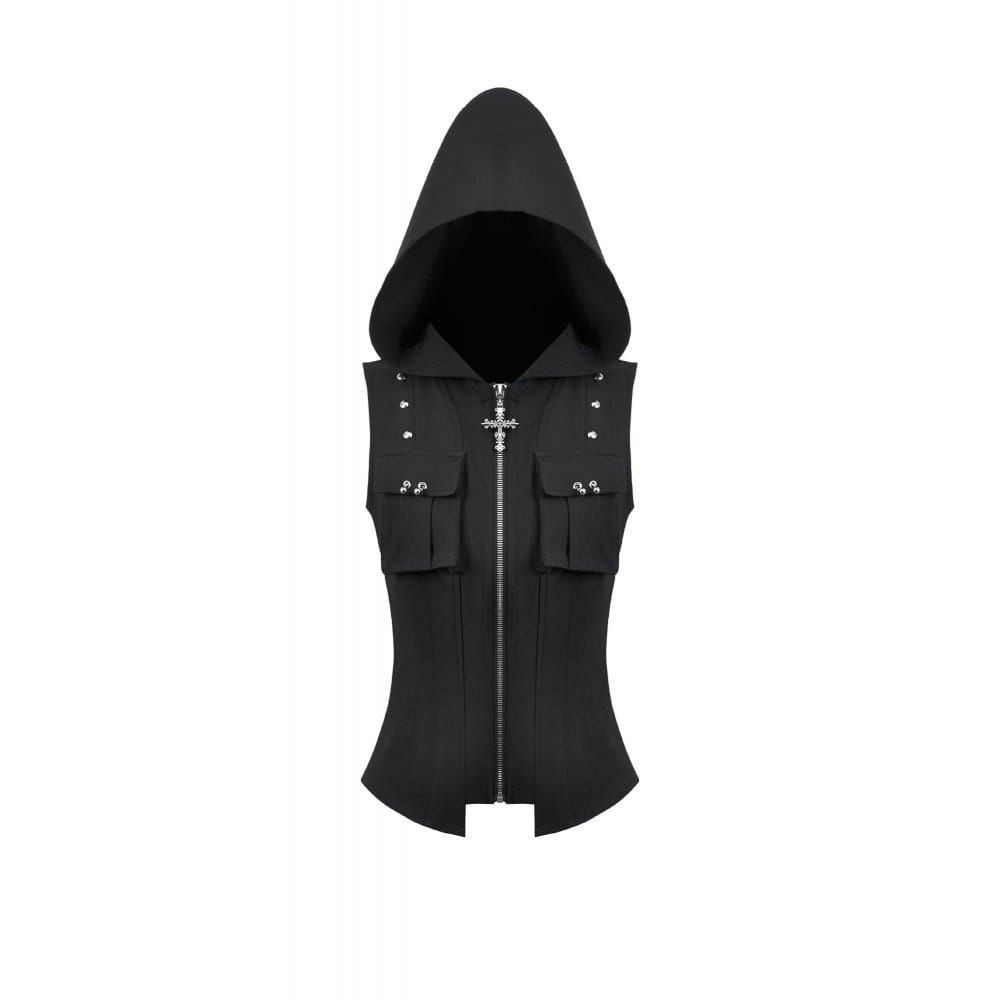 Darkinlove Women's Punk Studded Zipper Hooded Vest
