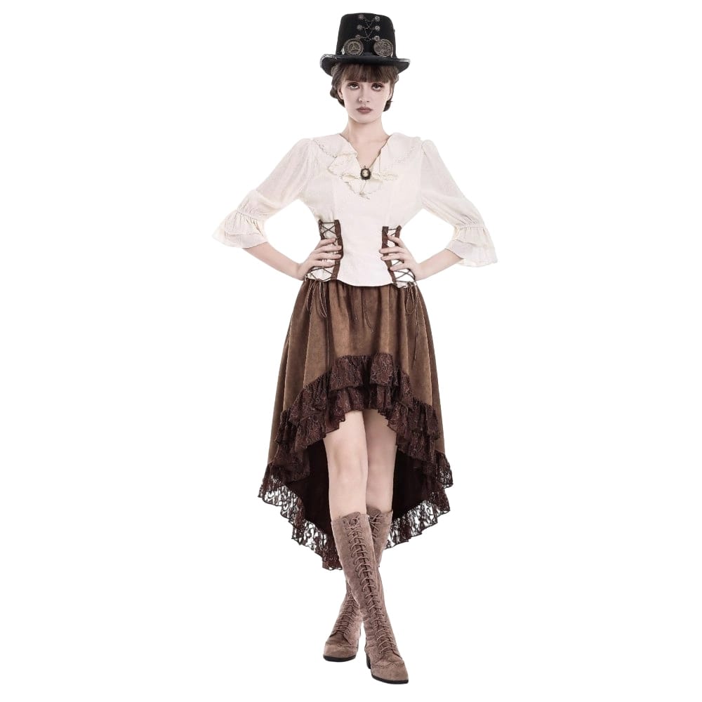 Darkinlove Women's Steampunk Floral Lace Trim High-Low Hem Skirt